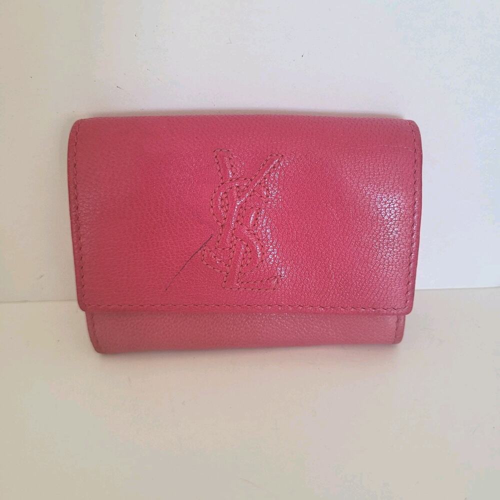Yves Saint Lauren YSL Leather Calfskin Pink Wallet Small Card Coin Holder‎ Logo